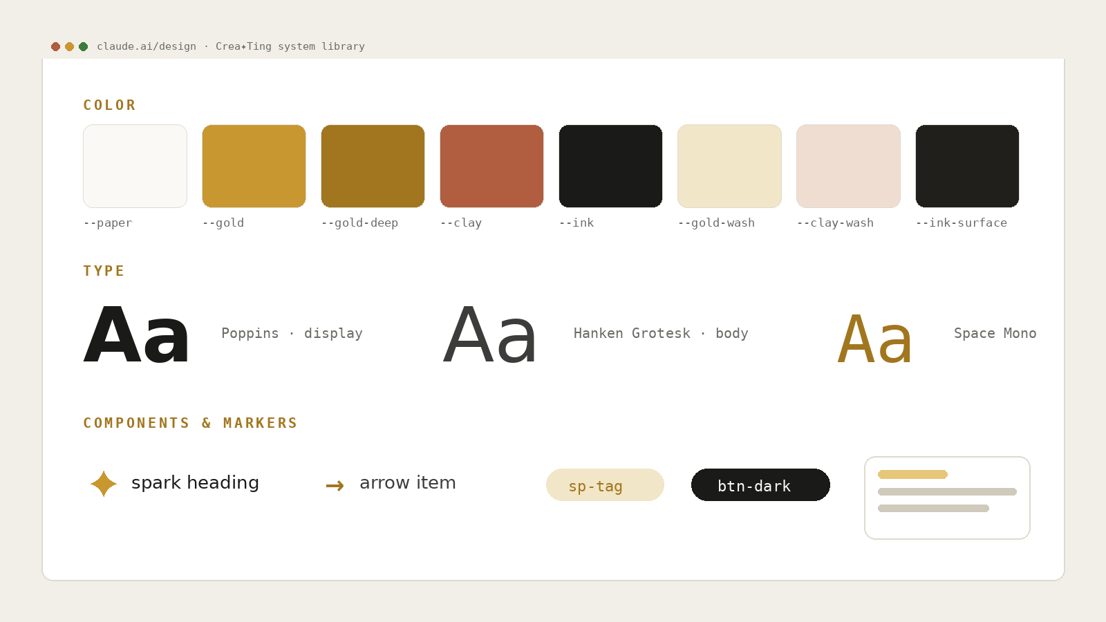 The Crea✦Ting system library in Claude Design: color tokens, the three typefaces, and the marker components