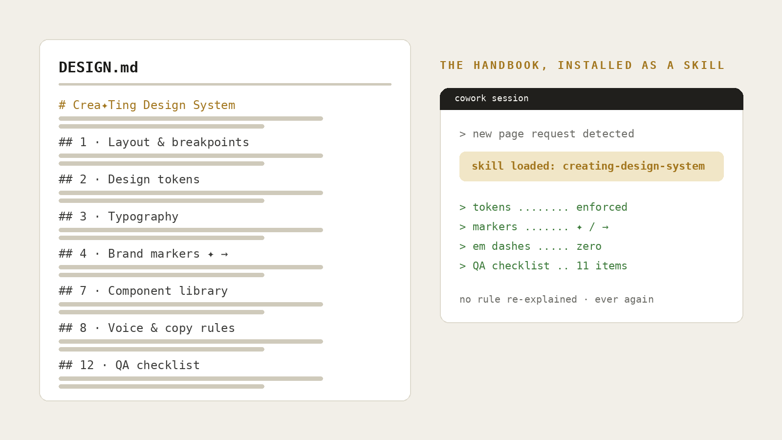 DESIGN.md beside a session loading the creating-design-system skill, rules enforced automatically