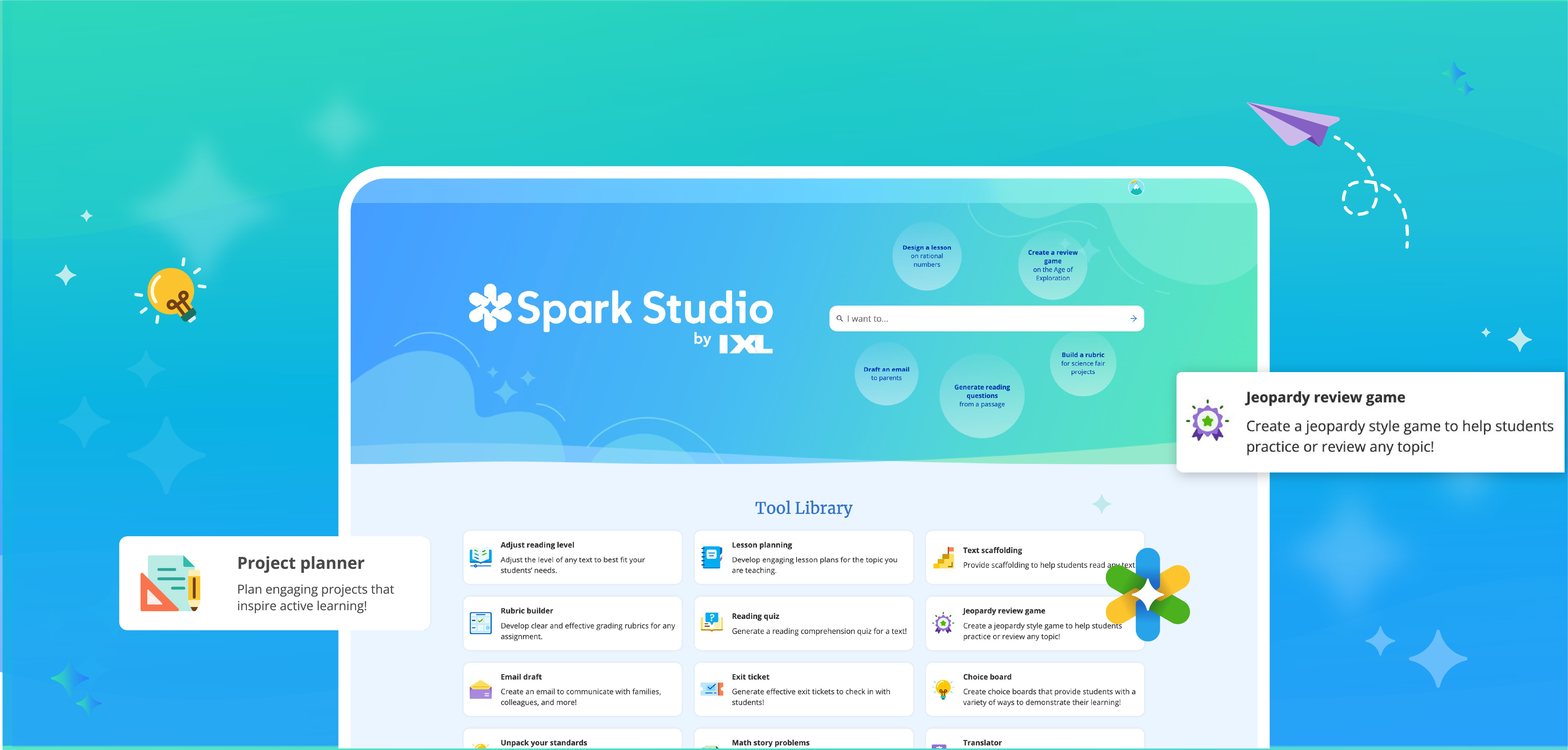 Spark Studio, an AI creative workspace for teachers, with a tool library and a worksheet generator