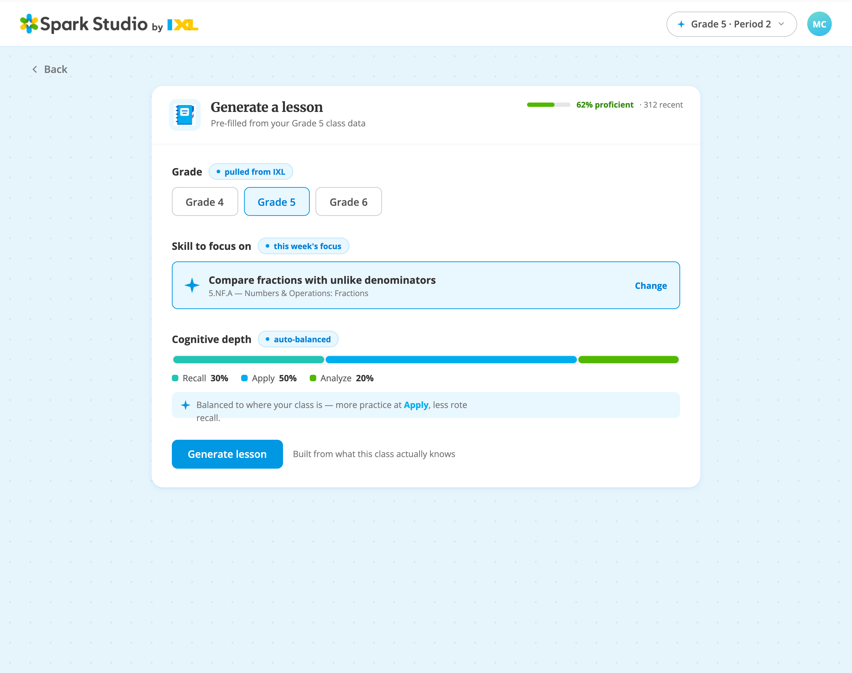After: grade, skill, and depth pre-filled from live IXL data