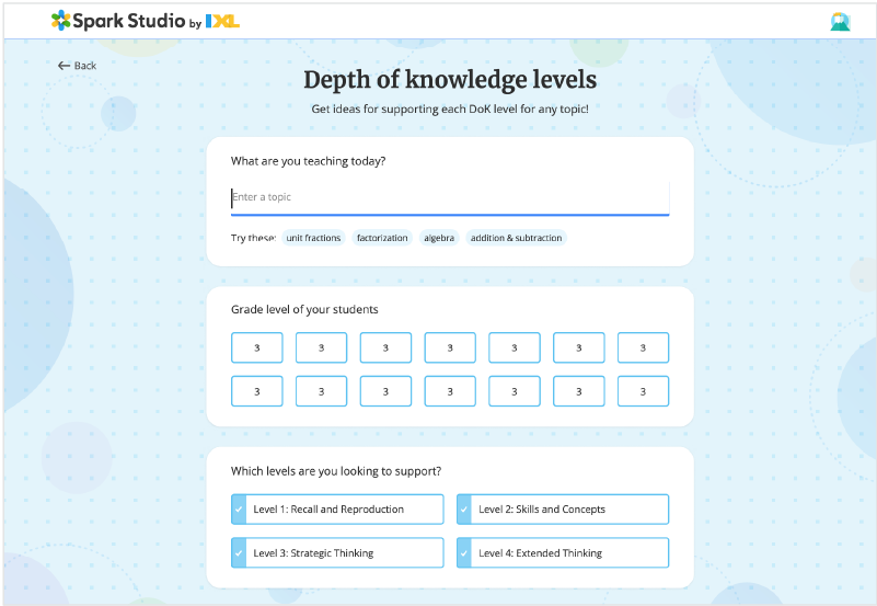 Before: manual setup of grade levels and skills from memory