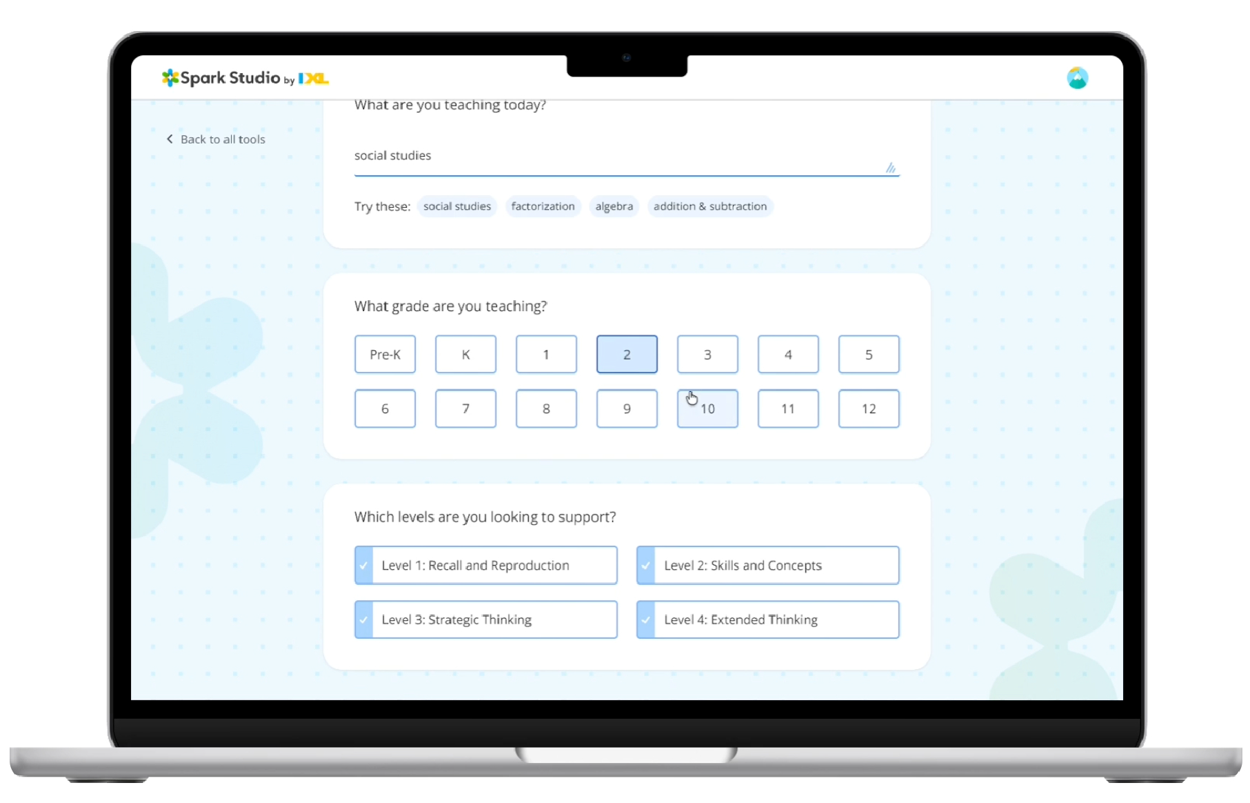 Depth-of-knowledge levels form in Spark Studio, the reasoning layer beneath the interface